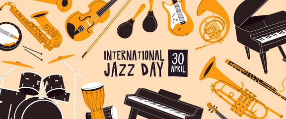 Design of International Jazz Day banner. Advertising template with different musical instruments to play classical music. Event poster for concert or holiday performance. Flat vector illustration