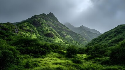 Lush green mountains with steep ridges and dense forest fade into a misty valley under a moody gray sky. Concept Mountain landscape, Misty valley, Moody skies, Dense forest, Steep ridges