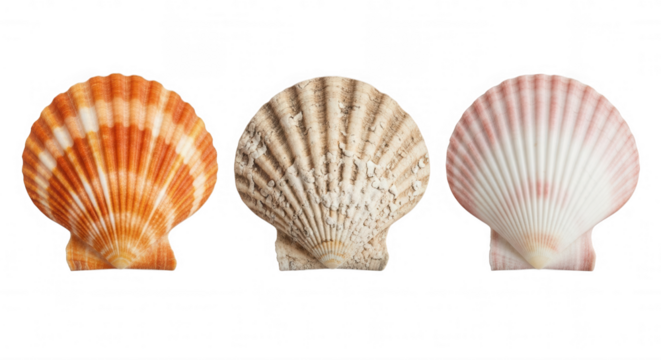 Three colorful scallop shells isolated on a transparent background