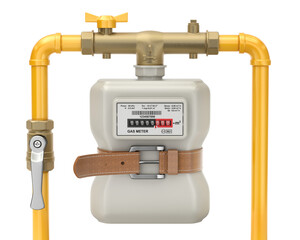 Gas delivery crisis concept with gas meter and tighten belt - 3D illustration