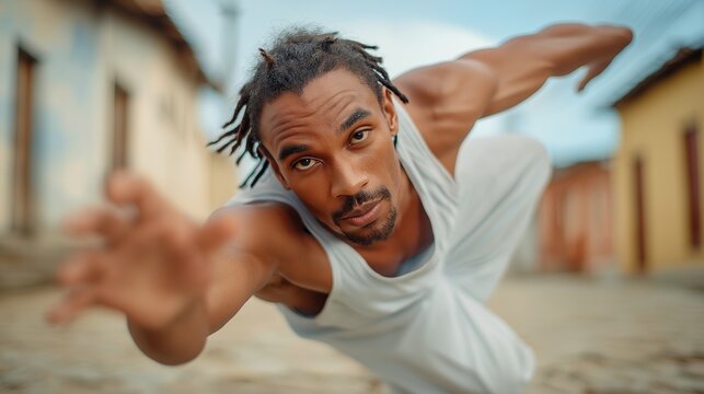 Dynamic Urban Dancer Reaching Forward in Motion