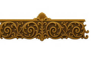 Golden architectural ornament with rococo floral scrollwork and shell motif, decorative element with transparent background