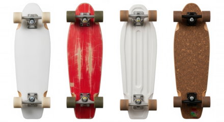 Four skateboards white red white cork isolated on a transparent background