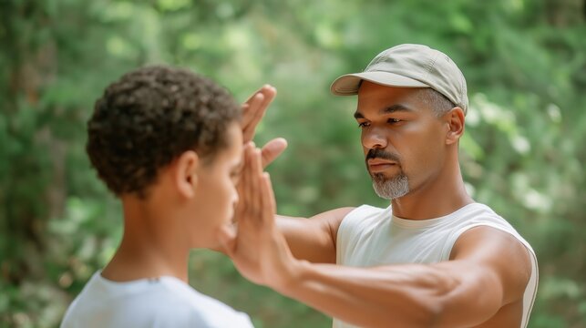 Father Teaching Son Martial Arts Outdoors