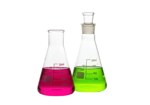 Isolated Erlenmeyer flasks with colored liquids for scientific experiments chemistry