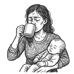 exhausted mother sipping coffee with a sleeping baby in her arms, capturing parenting fatigue sketch engraving generative ai fictional character vector illustration. Scratch board. Black and white.