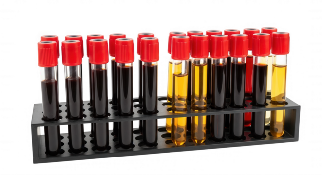 Red capped vials holding dark and yellow liquids isolated on a transparent background