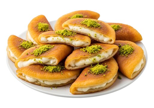 Golden-fried, half-moon Qatayef pancakes stuffed with sweet cheese and garnished with pistachios. A vibrant and detailed Middle Eastern dessert, isolated on a pure white background.