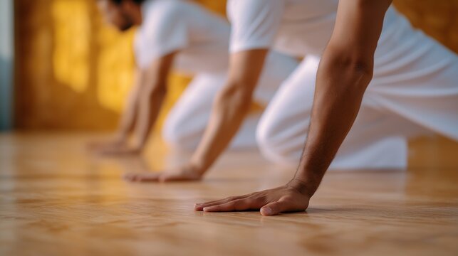 Men Practicing Yoga On Wooden Studio Floor