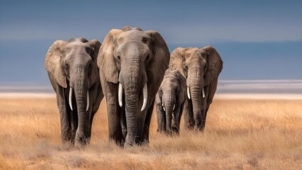 Fototapeta premium A herd of elephants walking across a dry, golden savannah toward the camera. Concept Elephants, Savanna, Golden light, Wildlife portrait, Herd movement