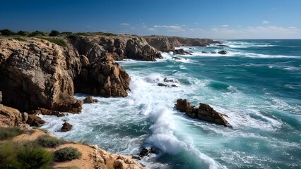 A rugged rocky coastline with steep cliffs and turquoise waves crashing against the rocks. Concept Rugged Coastline, Cliffside Landscape, Turquoise Waves, Crashing Surf, Dramatic Seascape
