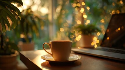 Enjoying a peaceful morning coffee break with laptop in cozy home office, plants, and soft light creating a calm and productive workspace vibe
