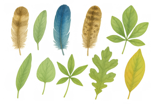 Watercolor collection with diverse feathers and green, yellow tree leaves, a nature-inspired design element set
