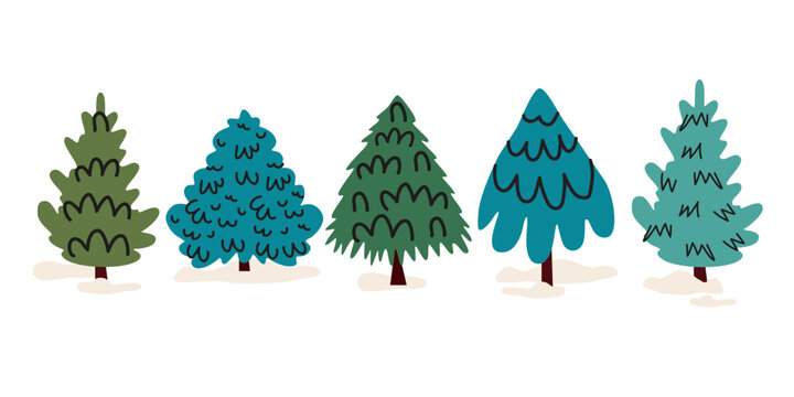 Christmas tree set with snow in doodle flat style. Cozy cheerful winter elements and shapes for greeting cards, stickers, patches, labels, stamps. Hand drawn winter tree vector illustrations