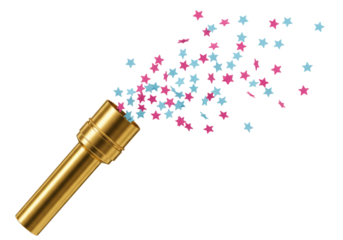 Isolated golden party cannon bursting pink and blue confetti stars, gender reveal party