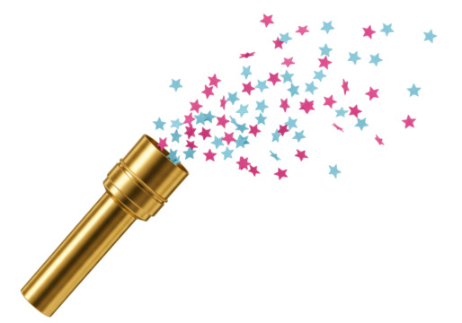 Isolated golden party cannon bursting pink and blue confetti stars, gender reveal party