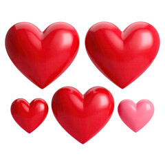 Five shiny hearts, mix of red and pink, on black