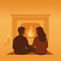 Flat vector illustration of a couple sitting on the floor near a fireplace with candles. Perfect for romantic winter evenings, cozy home atmosphere, and warm relationship themes.