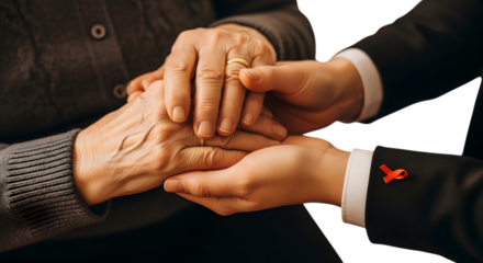 A comforting hand gently holding another, conveying support, empathy, and compassion during a difficult time isolated on a transparent background
