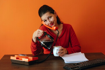 Portrait with retro office humor and burnout theme at desk