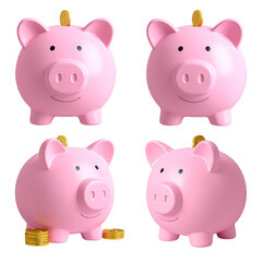 Four pink piggy banks with gold coins, rendered image