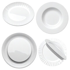 Four clean white plates, different sizes, against black