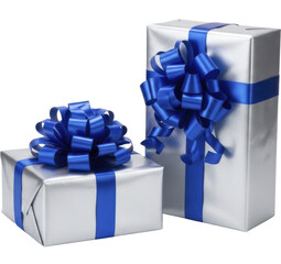 Two silver wrapped gift boxes with blue bows on a transparent background PNG image