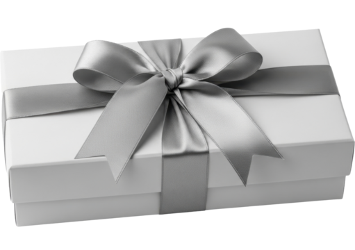 White gift box with gray satin ribbon bow on a transparent background PNG image PNG file