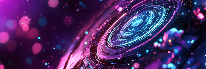 Cyber Tech background, with glowing interface panels and neon purple and blue color scheme
