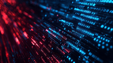 Dark abstract tech background with red and blue binary numbers creating a sense of motion and speed