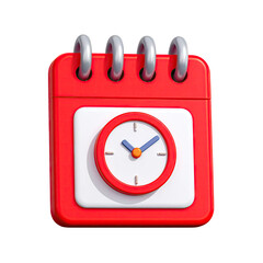 Red calendar icon with clock face, 3D render