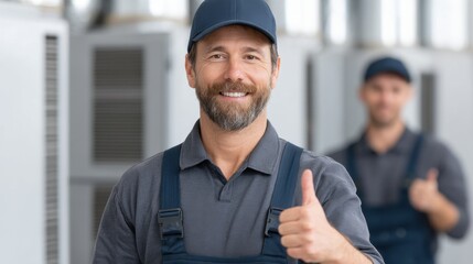 HVAC Technician Giving Thumbs Up in Front of Air Conditioning Units with Happy Expression in Professional Work Environment