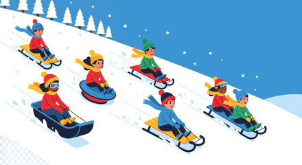 Children Sledding Down Snowy Hill, Winter Fun, Outdoor Activity, Flat Vector Illustration, Daytime, Dynamic Angle, Seasonal Concept