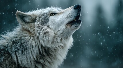Obraz premium Majestic, atmospheric wildlife photograph of a beautiful white wolf howling in a gentle snowfall, its breath visible in the cold air under a full moon.