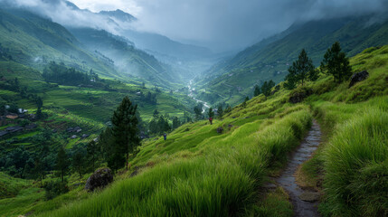 Obraz premium Stone Path Through Lush Green Rice Terraces in Mountains