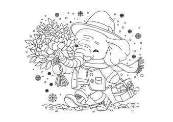 Fototapeta premium A cute elephant in a hat walks along, holding a bouquet of peonies and a gift box. This coloring page is for children and adults. Black and white illustration for coloring.