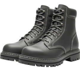  Dark grey combat boots with rugged lug soles on a transparent background, PNG image