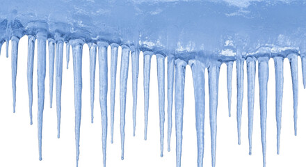  Frozen blue icicles hanging in a horizontal row, winter season ice formation on a transparent background, PNG image