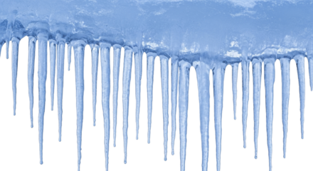  Frozen blue icicles hanging in a horizontal row, winter season ice formation on a transparent background, PNG image
