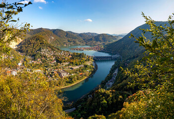 View of the Drina River and Mali Zvornik hydroelectric power plant on an autumn day from Zvornik Fortress