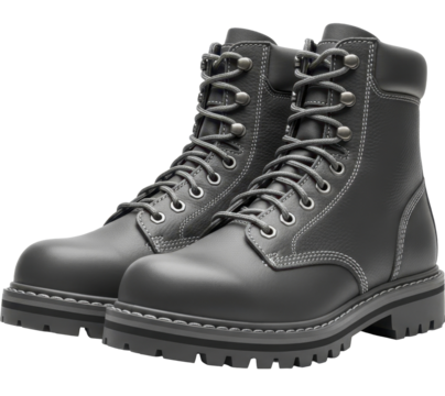  Dark grey combat boots with rugged lug soles on a transparent background, PNG image
