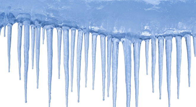 Frozen blue icicles hanging in a horizontal row, winter season ice formation on a transparent background, PNG image
