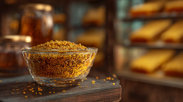 A clear bowl filled with bee pollen sits on a wooden surface in a warm setting