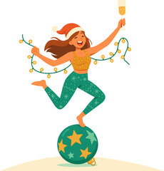 Flat vector illustration of a joyful woman in Christmas outfit holding champagne and fairy lights, standing on a holiday ornament. Perfect for festive design, celebration, and New Year concepts.