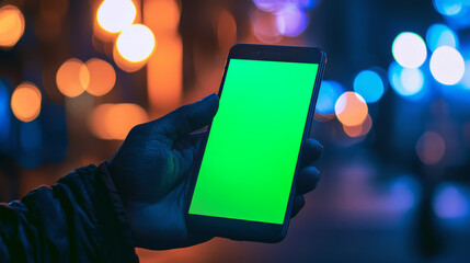 Close-up of hands holding a smartphone with a vibrant green screen, blurred urban background