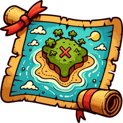 Treasure Island Map Vector – Cartoon Adventure Map with Island, Palm Trees, Sea, and Red Ribbon