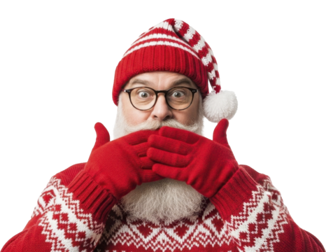 Astonished bearded man in red holiday knitwear covering mouth, transparent background, PNG image - Powered by Adobe