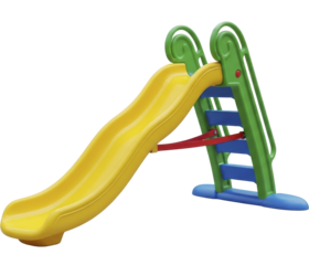 Colorful plastic children's playground slide with yellow ramp and green steps, PNG image on a transparent background, PNG file