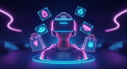 A person wearing a virtual reality headset surrounded by floating icons representing online shopping and social media in a futuristic setting