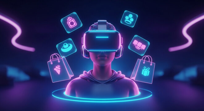 A person wearing a virtual reality headset surrounded by floating icons representing online shopping and social media in a futuristic setting